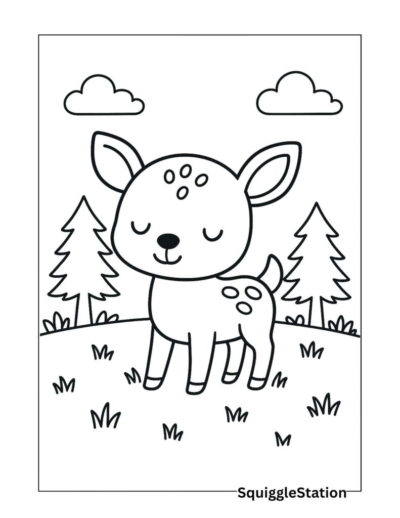 Cute woodland deer coloring page showing a baby fawn with thick outlines, easy printable for kids.