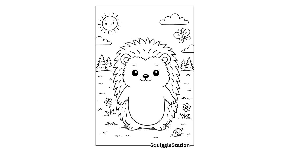 Cute Hedgehog Coloring Pages (Free Printable PDFs) 1 Cute hedgehog coloring pages featuring an adorable hedgehog in a forest, free printable for kids