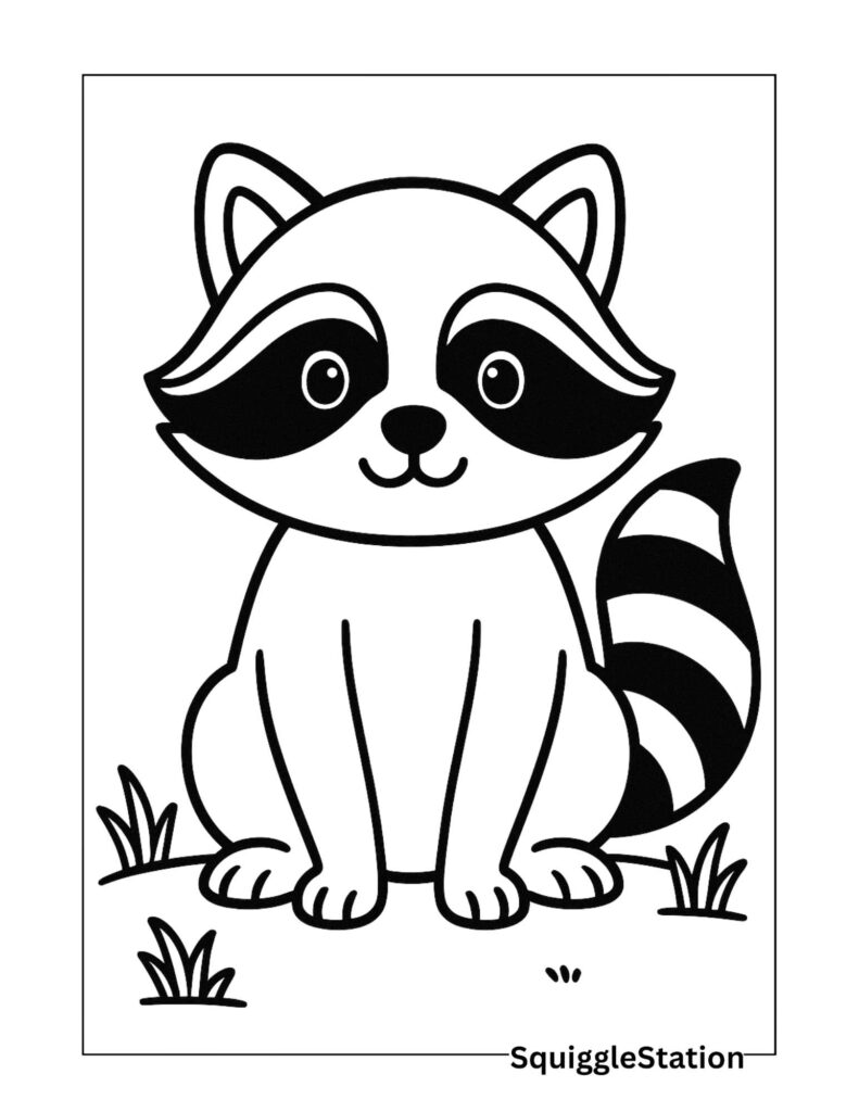 Cute Raccoon Coloring Pages (Free Woodland Printable Sheets) 4 Cute raccoon coloring page with a friendly woodland raccoon sitting, free printable coloring sheet for kids.