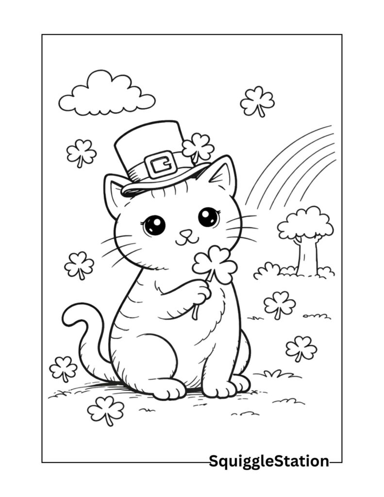 Cute St Patrick’s Day cat coloring pages with shamrocks and rainbows for kids
