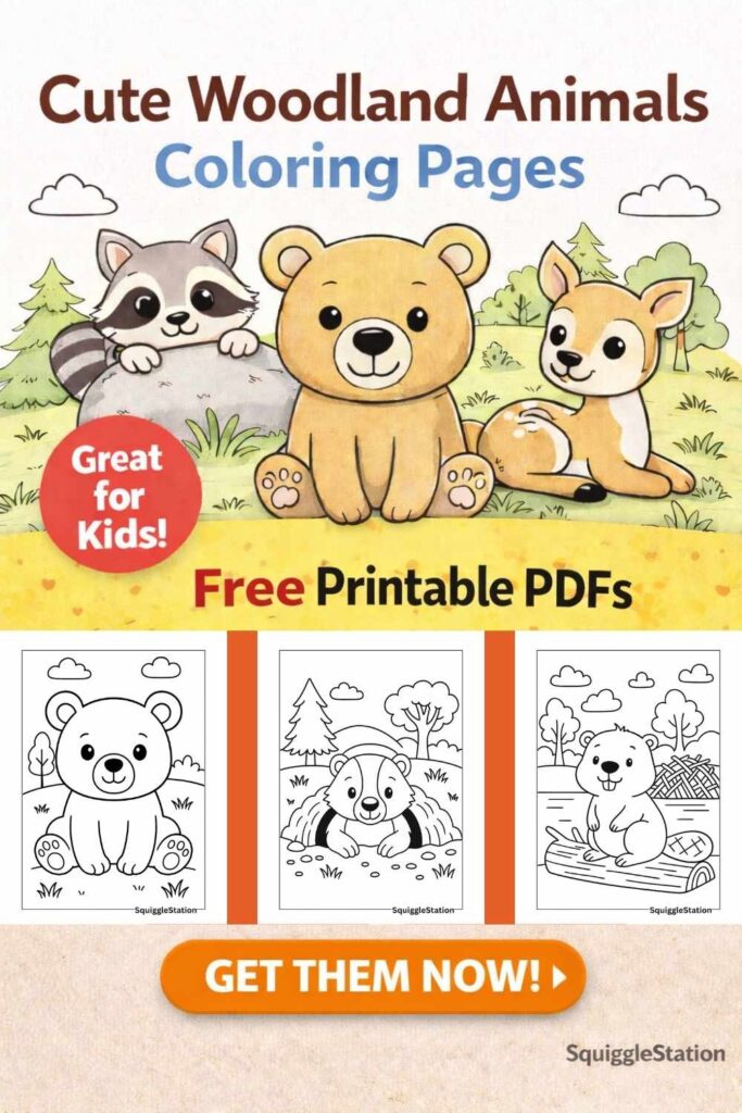 Cute woodland animals coloring pages, free printable PDFs for kids featuring forest animal coloring sheets.
