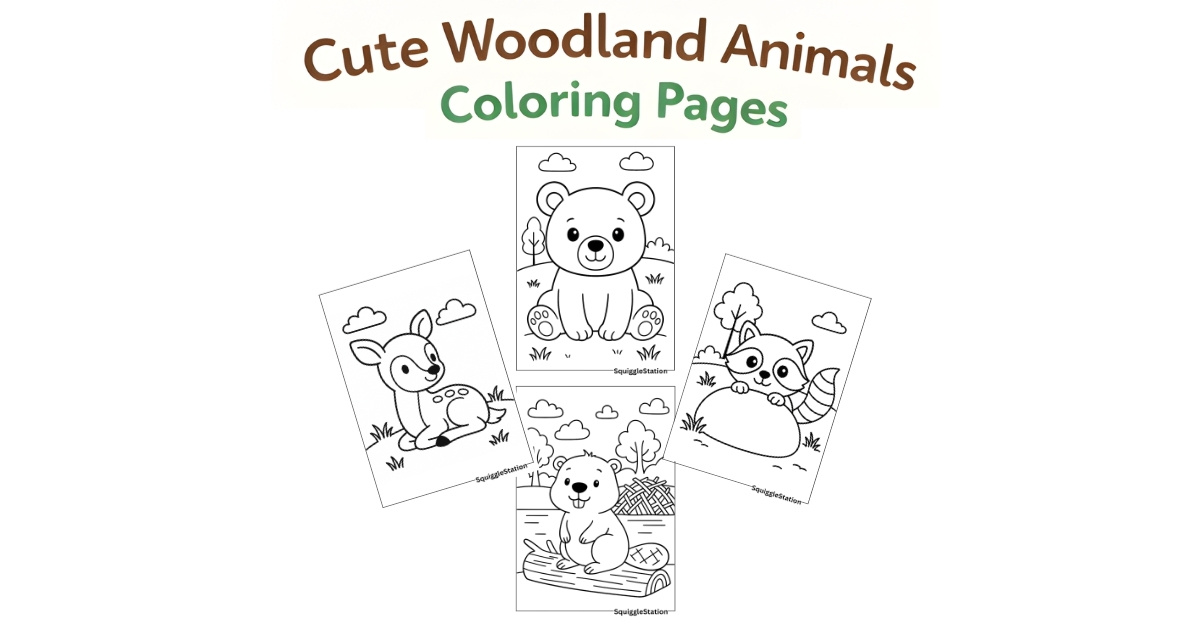 Cute woodland animals coloring pages featuring bears, deer, raccoons, beavers, badgers, and more free printable coloring sheets for kids.