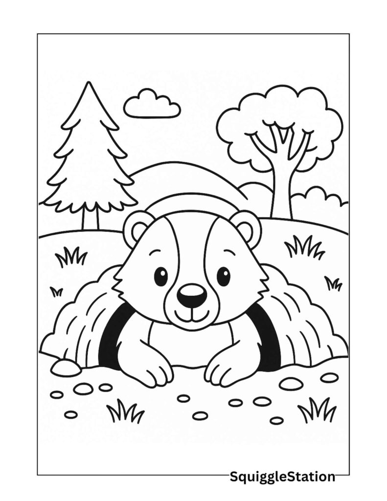 Cute woodland badger coloring page, free printable forest animal coloring sheet for kids.