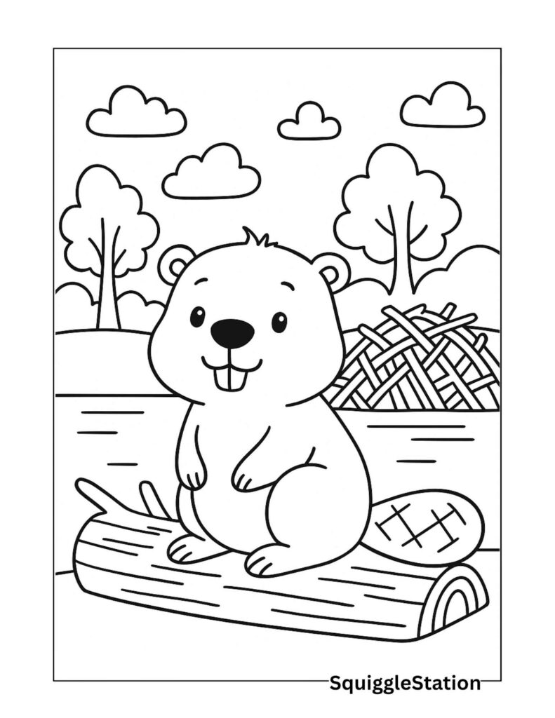 Cute woodland beaver coloring page, free printable forest animal coloring sheet for kids.