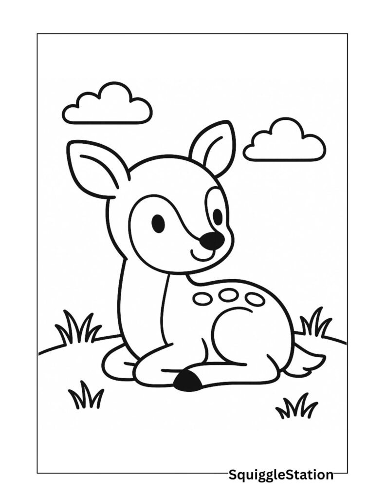 Cute woodland fawn coloring page showing a sitting baby deer, free printable coloring sheet for kids.