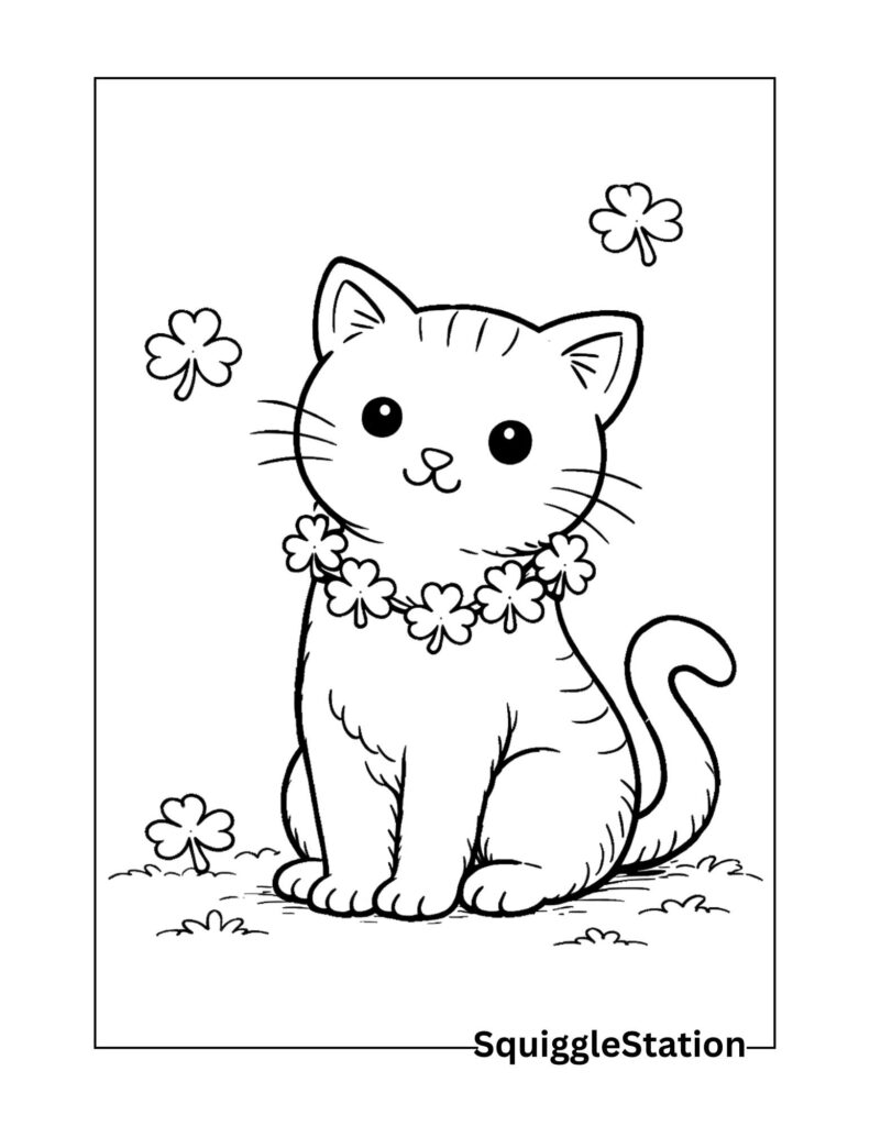 St Patrick’s Day Cat Coloring Pages (Cute & Free Printables) 3 Lucky St Patrick’s Day cat coloring page with a shamrock garland, free printable animal coloring sheet for kids