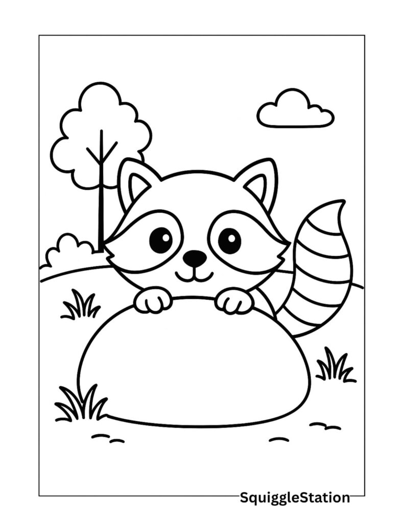 Cute Raccoon Coloring Pages (Free Woodland Printable Sheets) 2 Cute peek-a-boo raccoon coloring page showing a raccoon peeking over a rock in a woodland scene, free printable for kids.