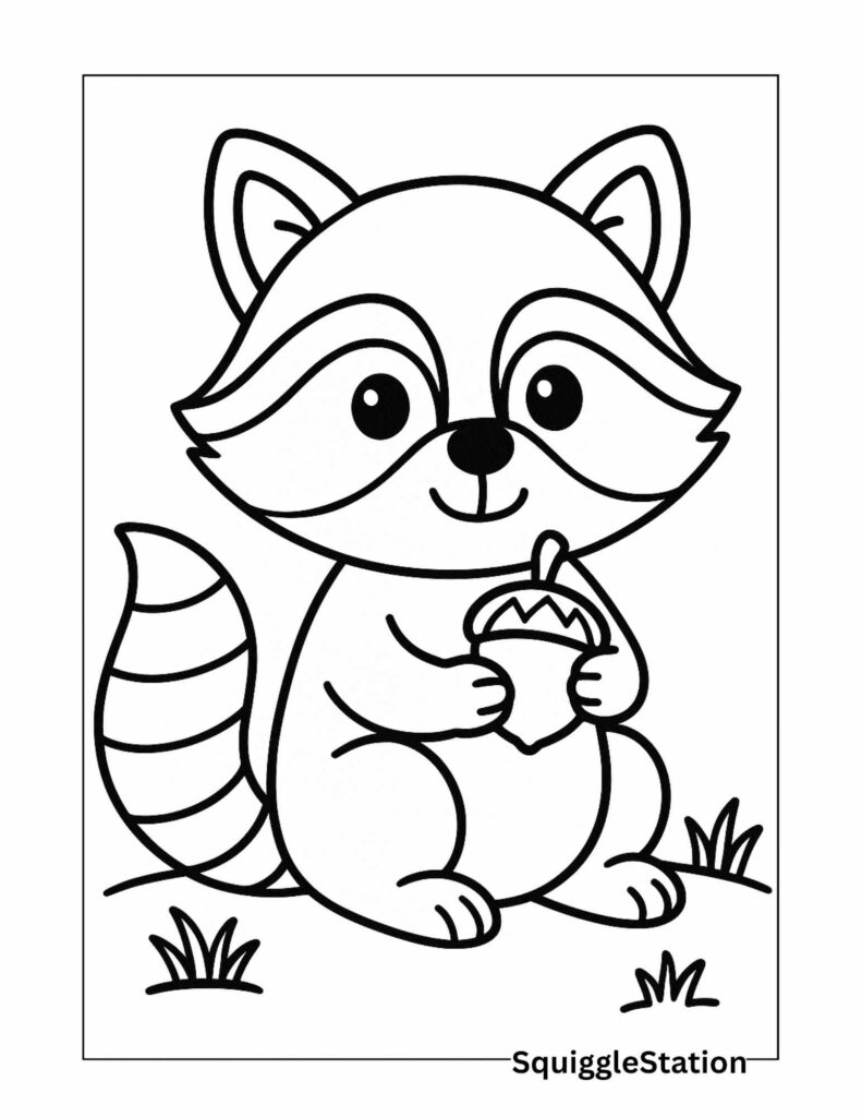 Cute Raccoon Coloring Pages (Free Woodland Printable Sheets) 3 Cute raccoon holding an acorn coloring page in a simple woodland scene, free printable coloring sheet for kids.