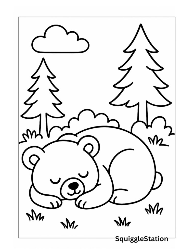 Cute sleeping bear cub coloring page in a peaceful woodland scene, free printable coloring sheet for kids.