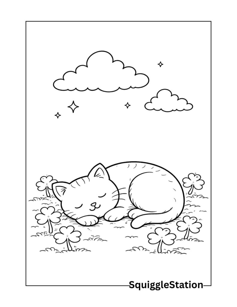 St Patrick’s Day Cat Coloring Pages (Cute & Free Printables) 5 Sleeping cat St. Patrick’s Day coloring page with clovers, free printable cat coloring sheet for kids