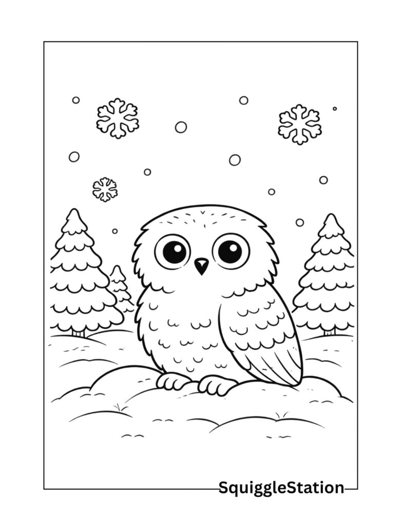 Snow owl coloring page for kids featuring a cute winter owl, free printable