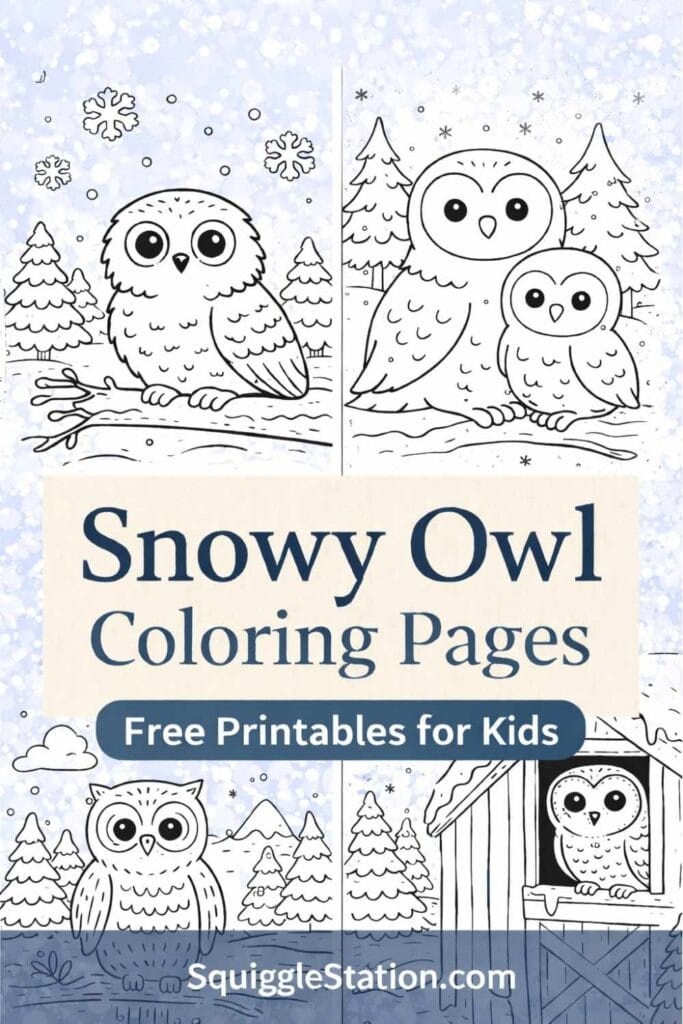 Snowy owl coloring pages with cute winter owl designs, free printable for kids