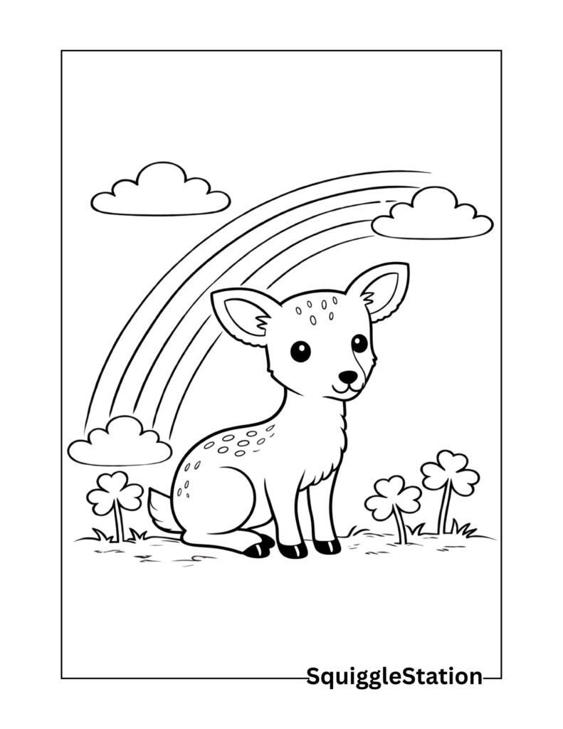 St Patrick’s Day Woodland Animal Coloring Pages (Free PDFs) 3 Cute baby deer St. Patrick’s Day coloring page with rainbow and shamrocks, free printable woodland animal coloring sheet for kids