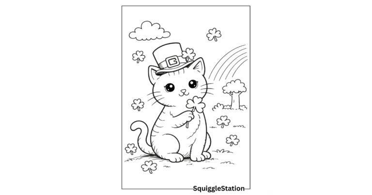 St Patrick’s Day cat coloring pages featuring cute shamrock and rainbow cat printables for kids
