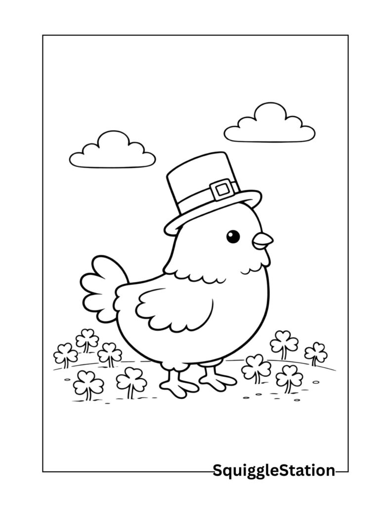 Cute St Patrick’s Day chicken coloring pages, free printable farm animal coloring sheet for kids