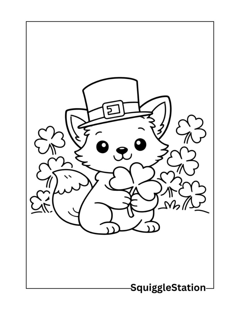 Cute fox St Patrick’s Day animal coloring pages, free printable sample from SquiggleStation