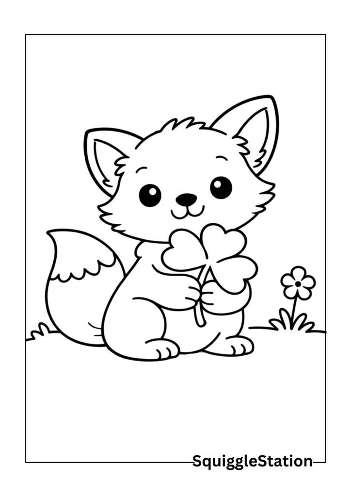 Cute St Patrick’s Day fox coloring page, free printable fox with shamrocks for kids