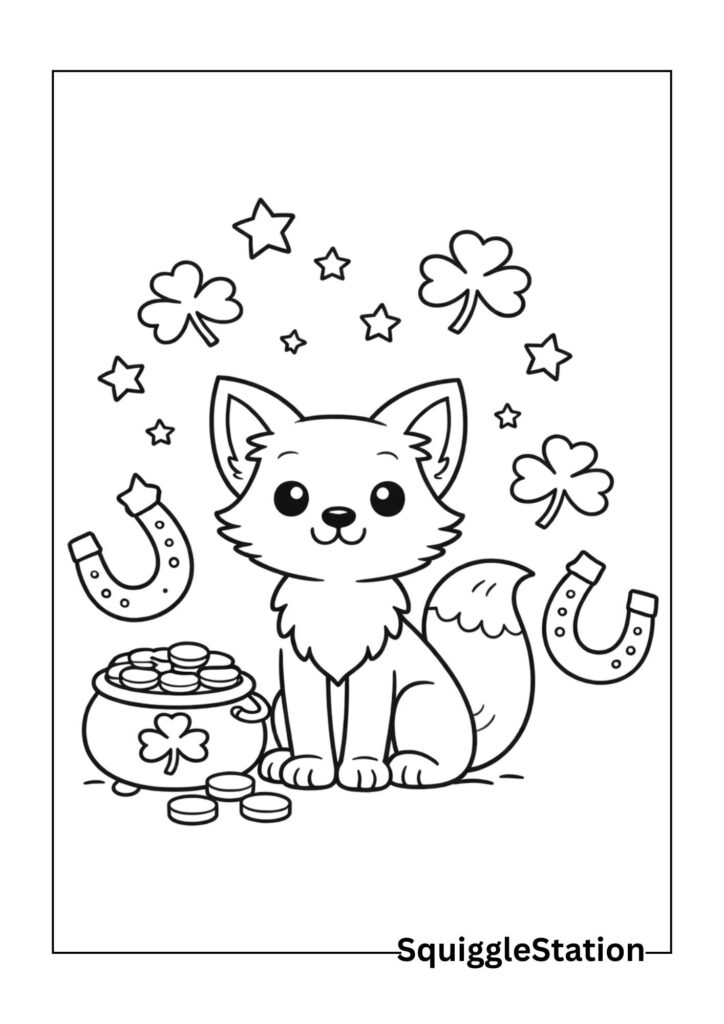 St Patrick’s Day fox coloring sheet for kids, simple holiday animal printable