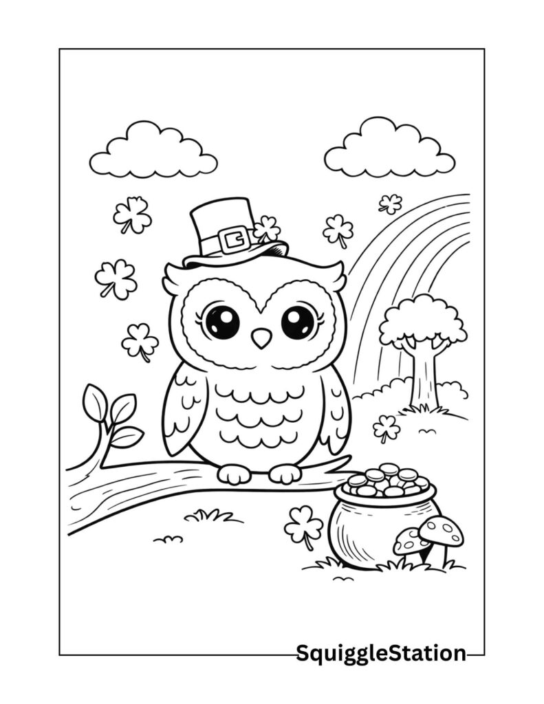 St Patrick’s Day Woodland Animal Coloring Pages (Free PDFs) 5 Cute St. Patrick’s Day owl coloring page with shamrocks and clouds, free woodland animal printable for kids