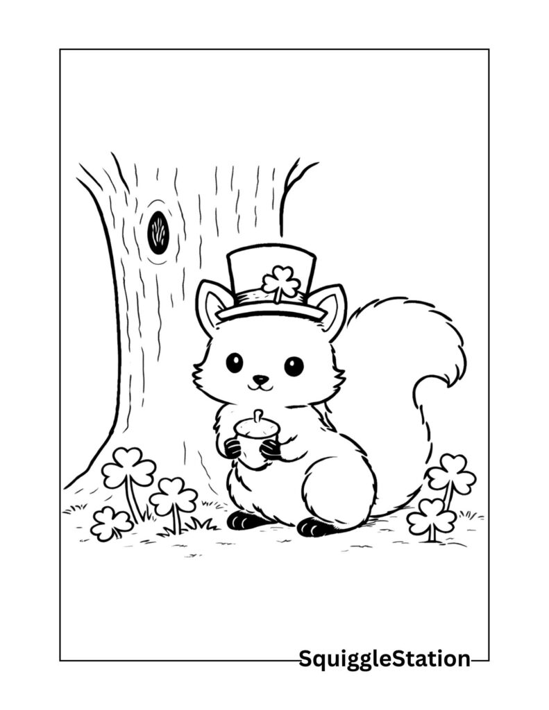 St Patrick’s Day Woodland Animal Coloring Pages (Free PDFs) 6 Cute St. Patrick’s Day squirrel coloring page for kids featuring a woodland animal wearing a leprechaun hat with shamrocks