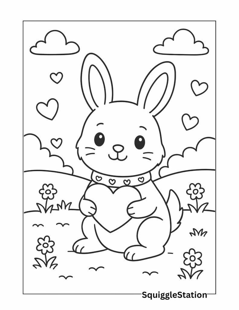 Kawaii Valentine Bunny Coloring Page – Cute Rabbit Holding a Heart, Free Printable Valentine Sheet for Kids