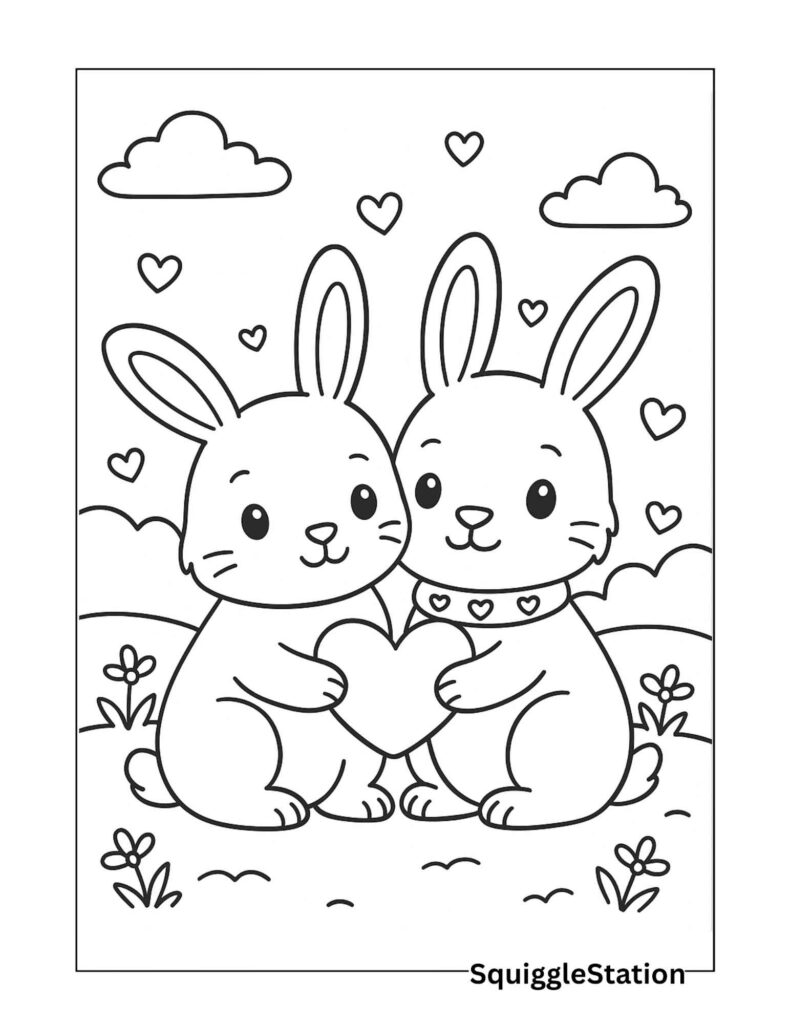 Kawaii Valentine Bunny Couple Coloring Page – Cute Rabbits Holding a Heart, Free Printable Valentine Coloring Sheet for Kids