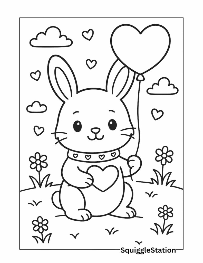 Kawaii Valentine Bunny Holding a Heart Balloon – Free Printable Cute Rabbit Coloring Page for Kids