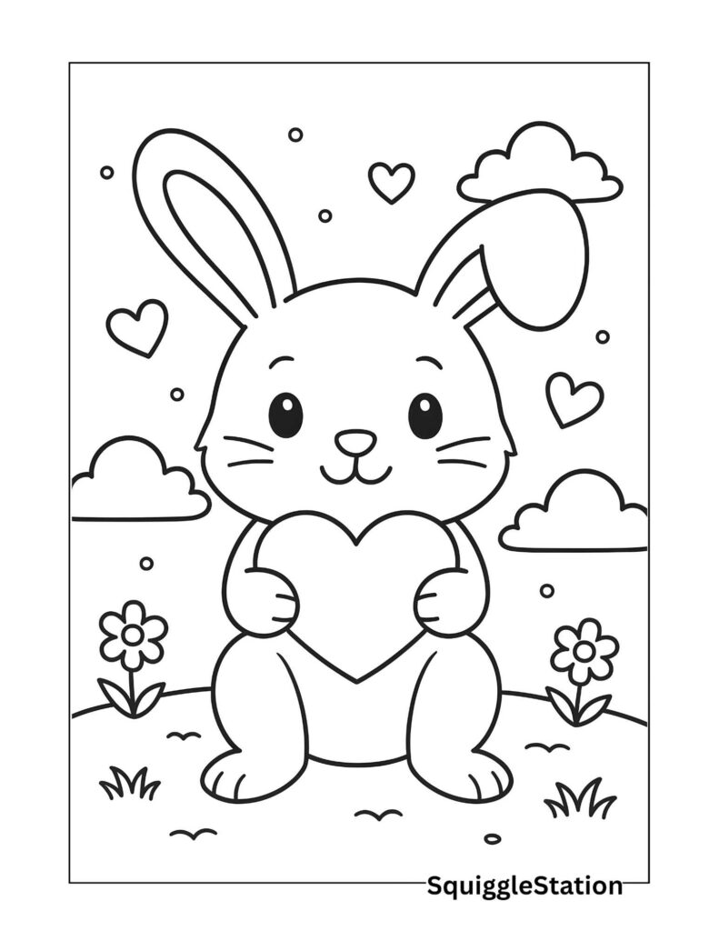 Kawaii Valentine Bunny Holding a Heart – Free Printable Cute Rabbit Coloring Page for Kids