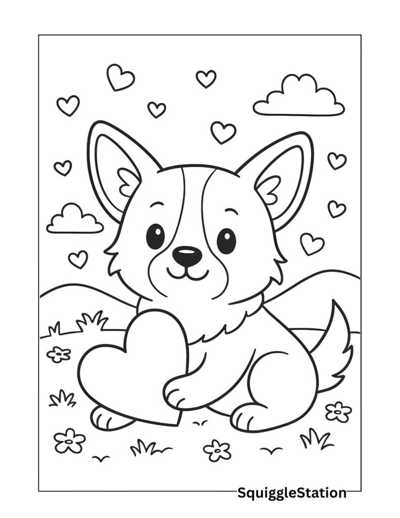 Kawaii Valentine Corgi Coloring Page – Cute Puppy Holding a Heart, Free Printable Valentine Sheet for Kids