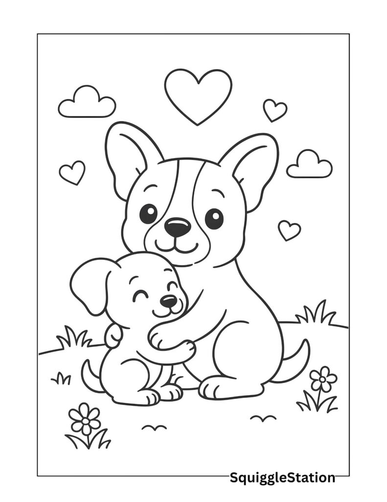 Kawaii Valentine Dog Mom and Puppy Coloring Page – Free Printable Cute Puppy Valentine Sheet for Kids