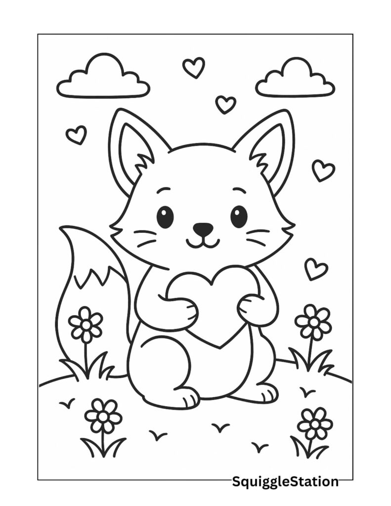 Kawaii Valentine Fox Holding a Heart – Free Printable Cute Fox Coloring Page for Kids