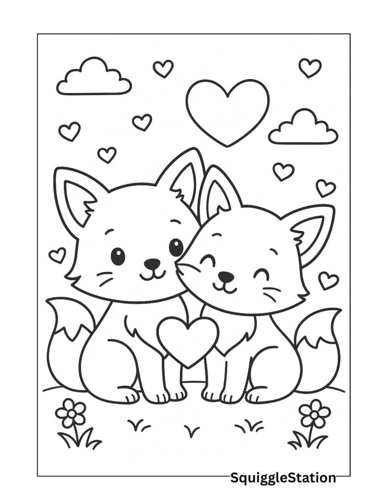 Kawaii Valentine Fox Couple Holding a Heart – Free Printable Cute Fox Coloring Page for Kids
