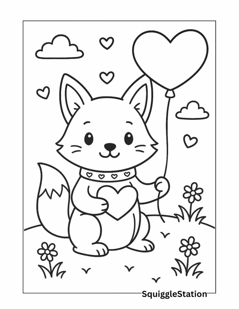 Kawaii Valentine Fox Holding a Heart Balloon – Free Printable Cute Fox Coloring Page for Kids