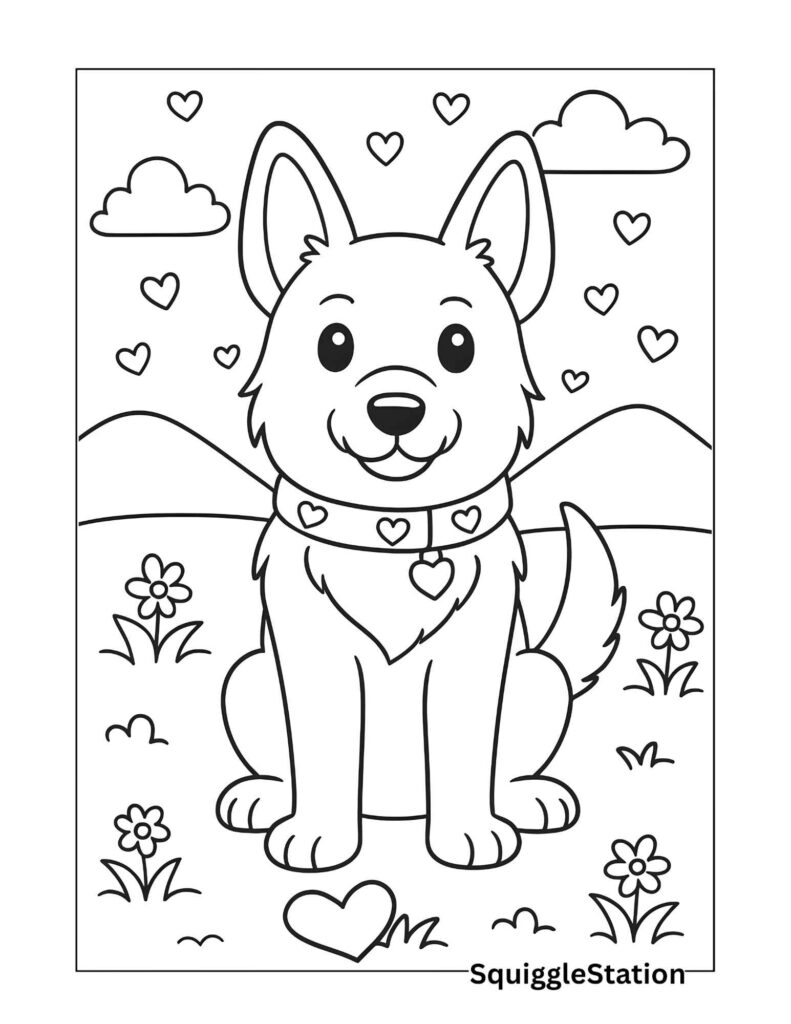 Kawaii Valentine German Shepherd Coloring Page – Free Printable Puppy with Heart Collar for Kids