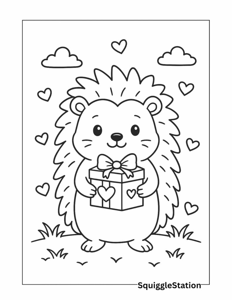 Valentine Hedgehog Coloring Pages (Cute Woodland Valentine Printables) 5 Kawaii Valentine Hedgehog Holding a Gift – Free Printable Cute Hedgehog Coloring Page for Kids