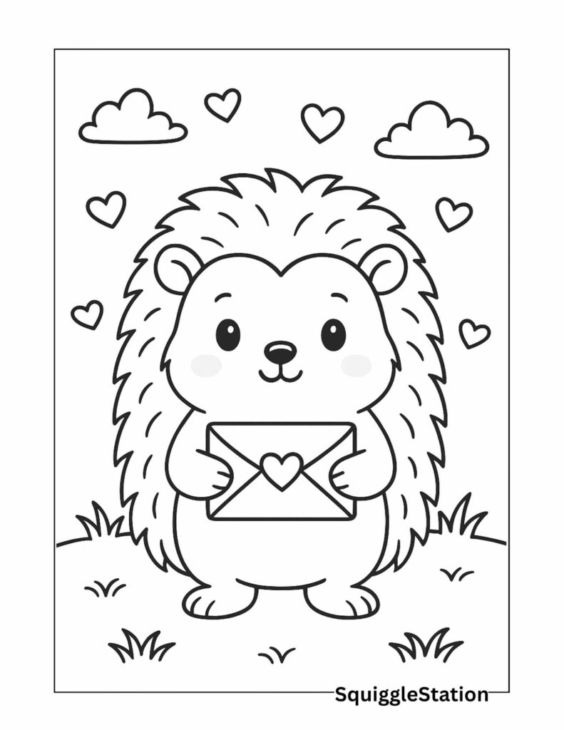 Valentine Hedgehog Coloring Pages (Cute Woodland Valentine Printables) 4 Kawaii Valentine Hedgehog Holding a Love Letter – Free Printable Cute Hedgehog Coloring Page for Kids