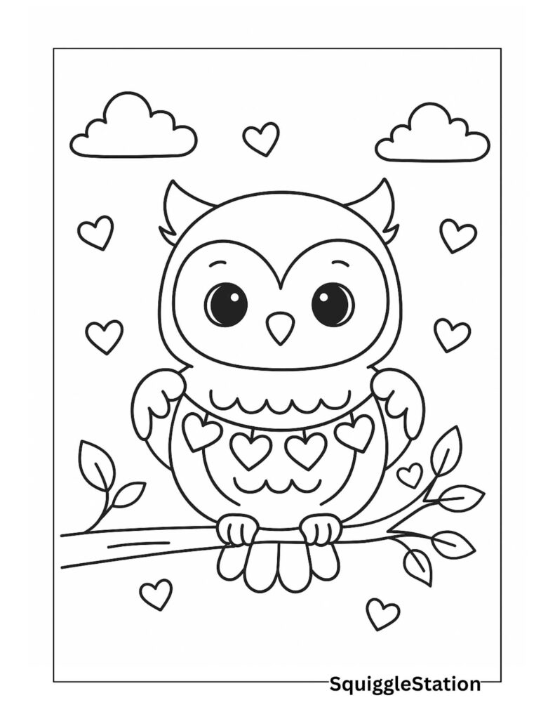 Kawaii Valentine Owl Sitting on a Branch With a Heart Garland – Free Printable Cute Owl Coloring Page for Kids
