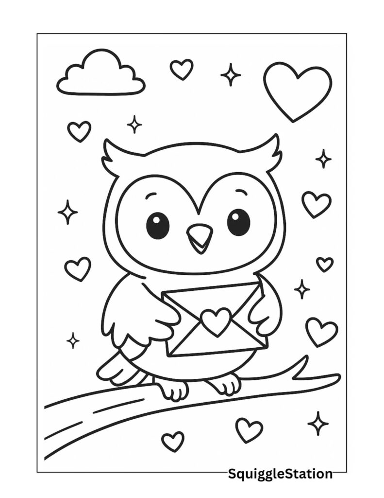 Kawaii Valentine Owl Delivering a Love Letter – Free Printable Cute Owl Coloring Page for Kids