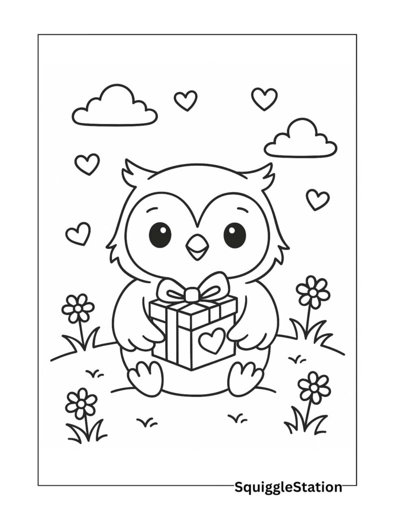 Kawaii Valentine Baby Owl Holding a Heart Gift Box – Free Printable Cute Owl Coloring Page for Kids