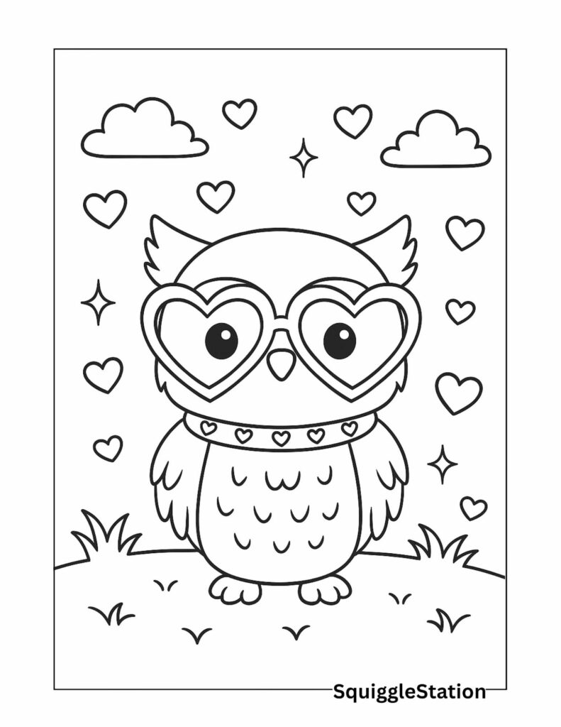 Kawaii Valentine Owl Wearing Big Heart Glasses – Free Printable Cute Owl Coloring Page for Kids