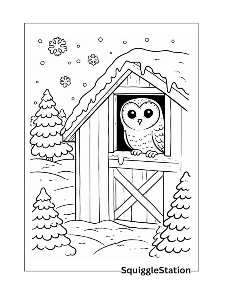 Winter owl coloring page for kids with an owl sitting in a barn peering out at the snow, free printable