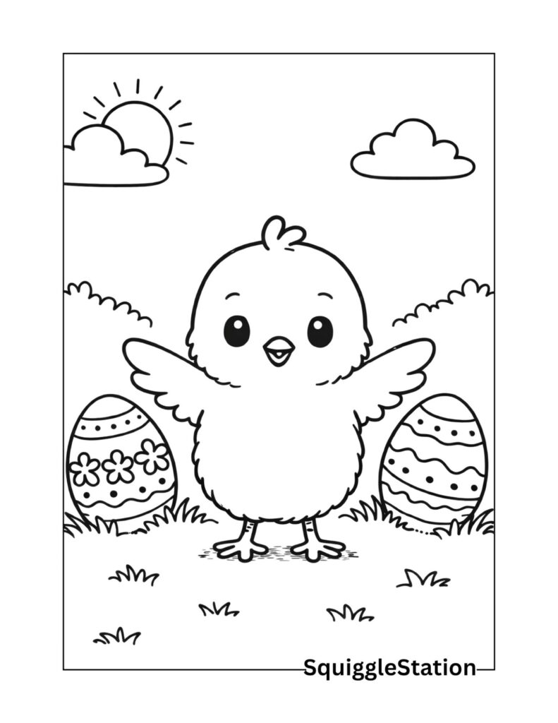 Baby chick Easter coloring page with a simple, kid-friendly design