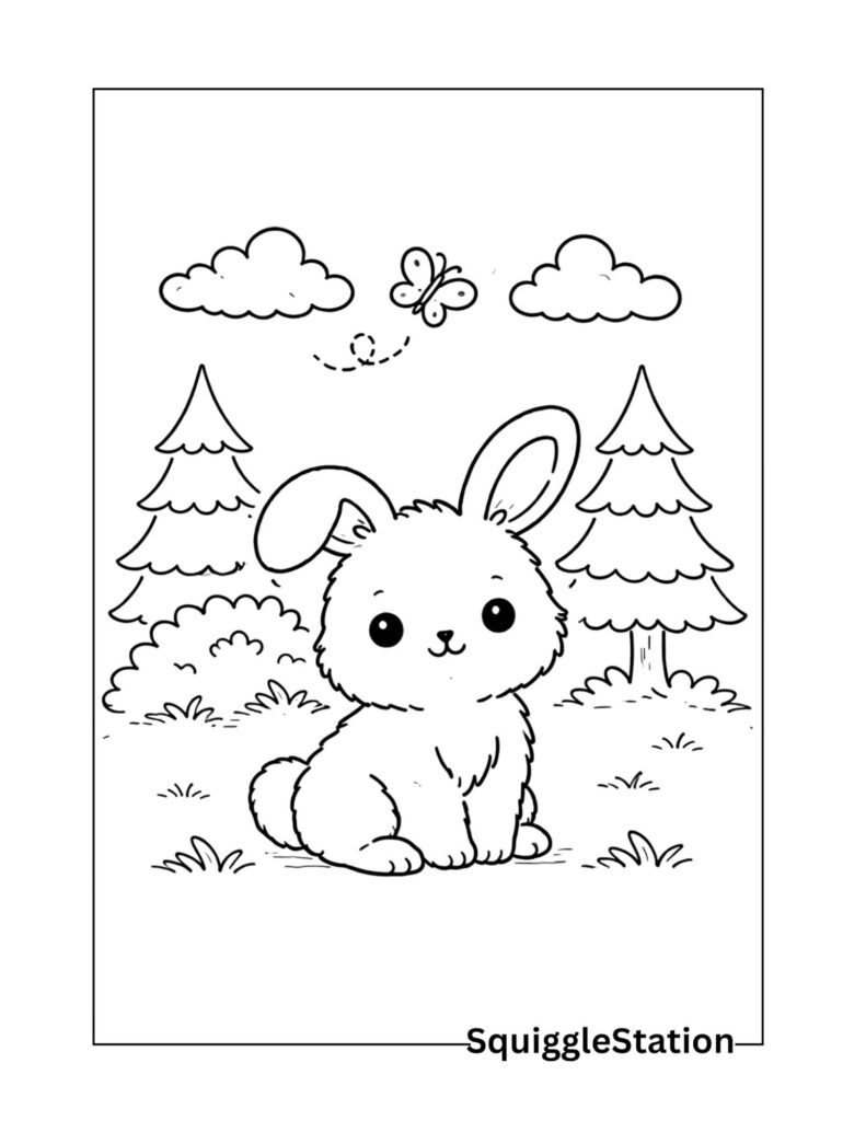 Cute baby bunny coloring page with a small rabbit and simple lines.