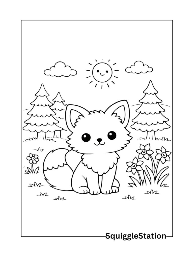 Cute baby fox coloring page with a small fox cub and simple outlines