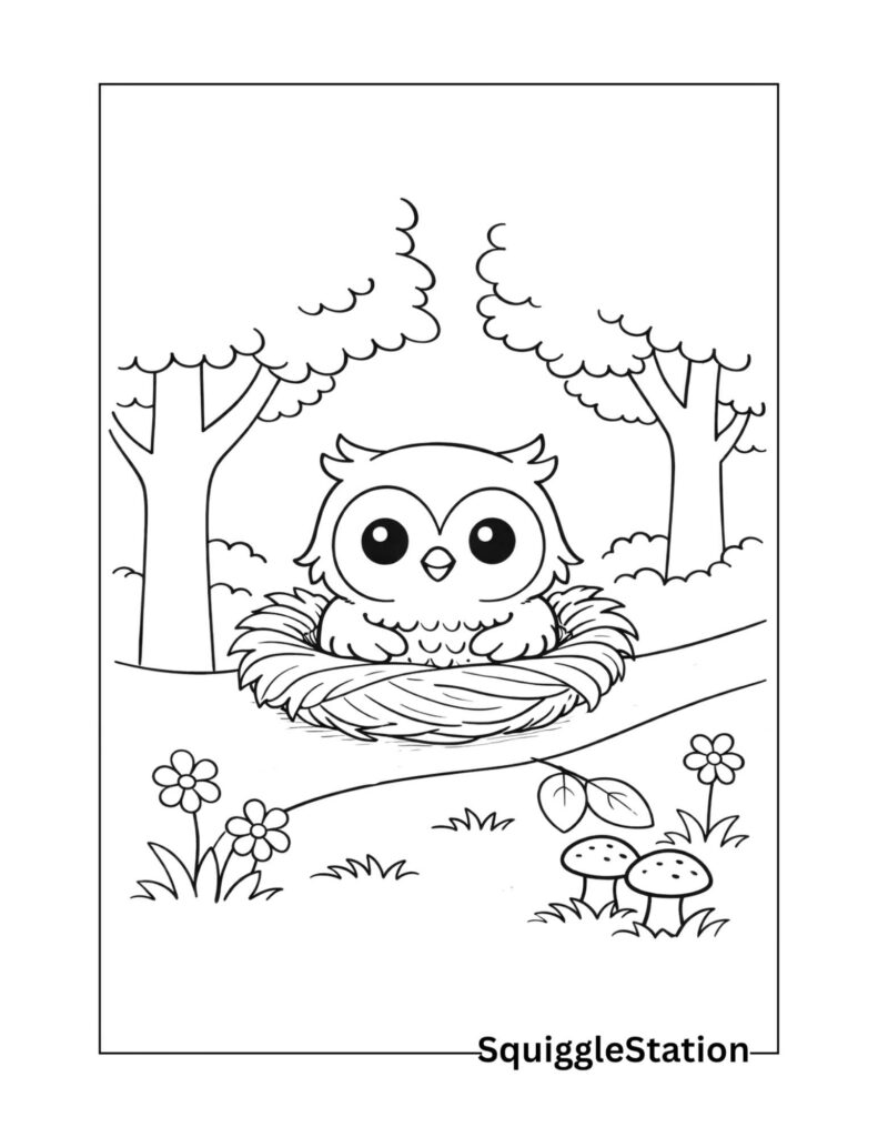 Cute owl on branch coloring page with a simple woodland background