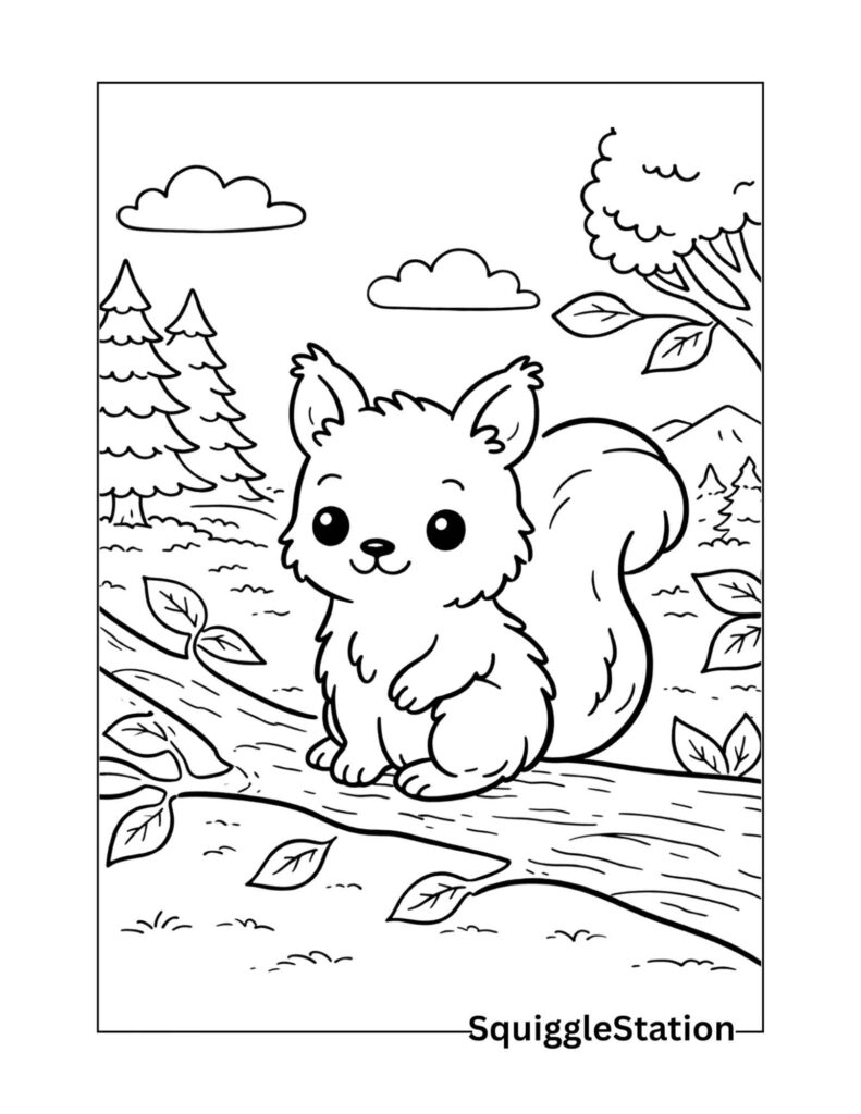 Cute baby squirrel coloring page with a small squirrel and simple design