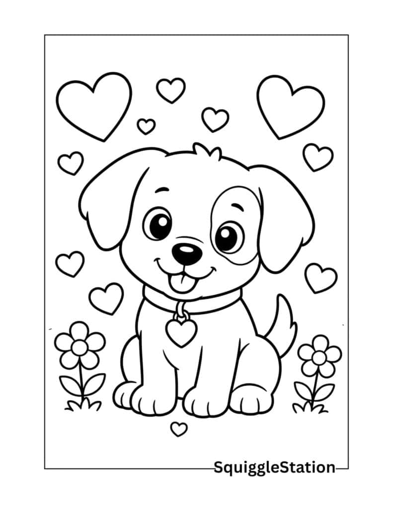 Cute dog with hearts coloring page featuring an adorable puppy surrounded by floating hearts and flowers.