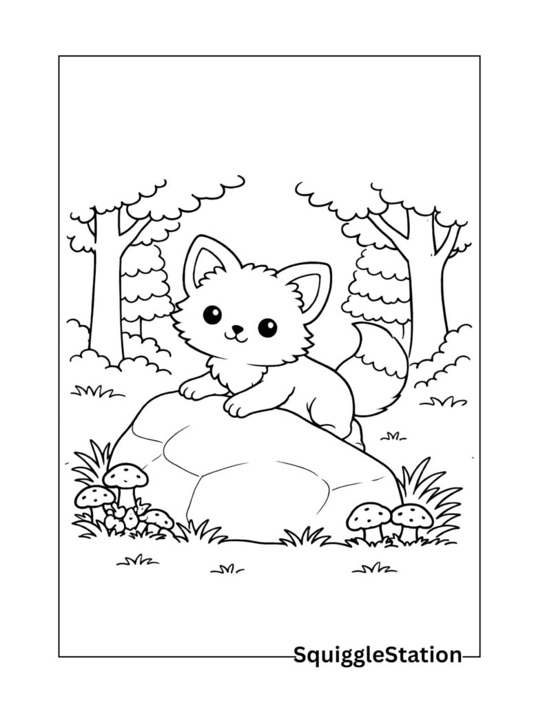 Cute fox in forest coloring page featuring a fox surrounded by trees