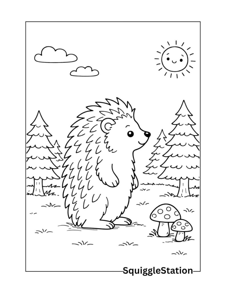 Cute Hedgehog Coloring Pages (Free Printable PDFs) 6 Cute hedgehog in forest coloring page with trees and plants