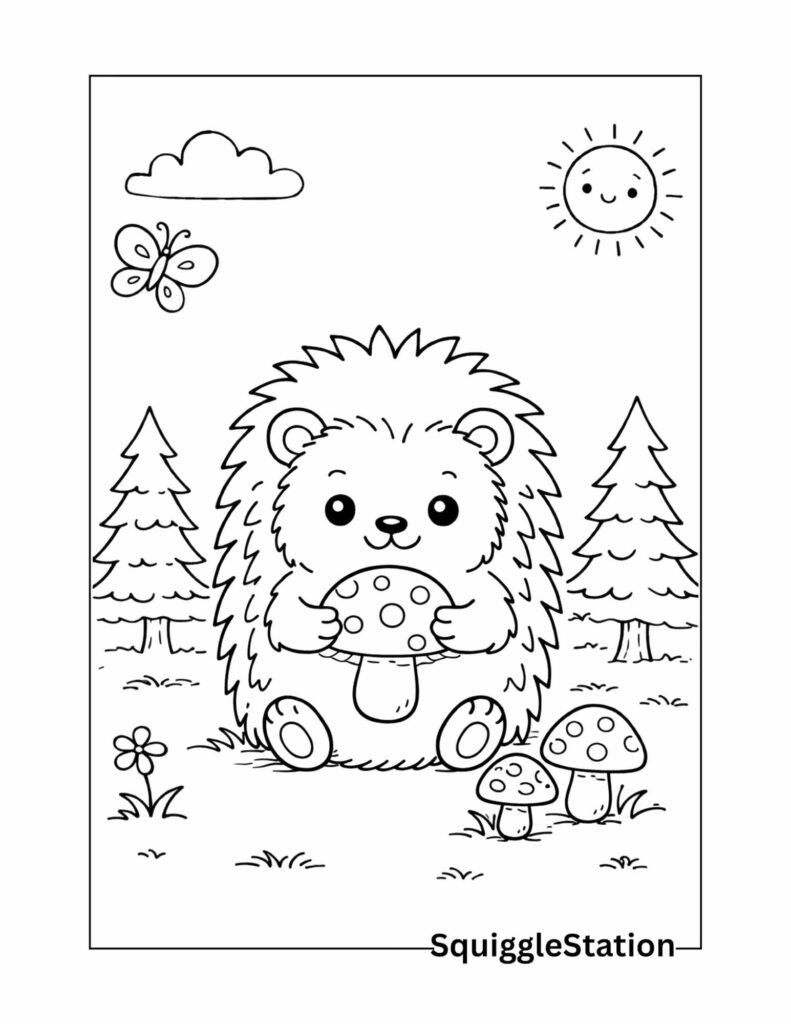 Cute Hedgehog Coloring Pages (Free Printable PDFs) 4 Cute hedgehog with mushroom coloring page in a woodland scene